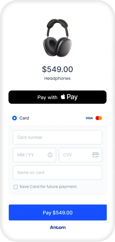 Mobile payment checkout showing Apple Pay for $549.00 headphones with card payment form
