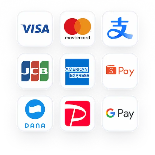 Visa, Mastercard, Alipay, JCB, American Express, ShopeePay, DANA, PayPay, Google Pay
