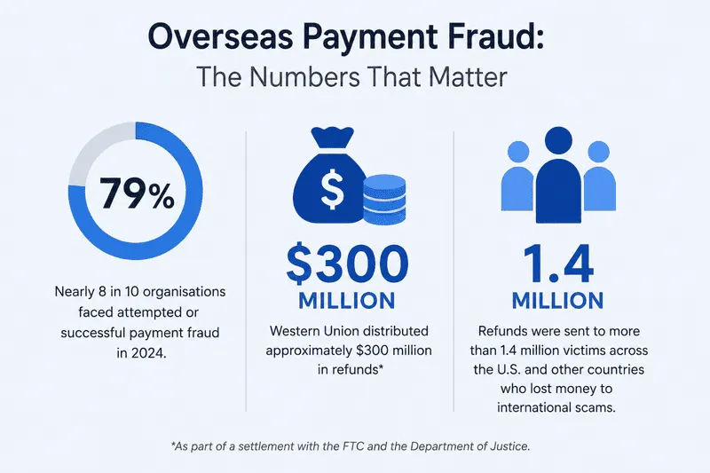 A visual of overseas payment fraud stats from Western Union and AFP