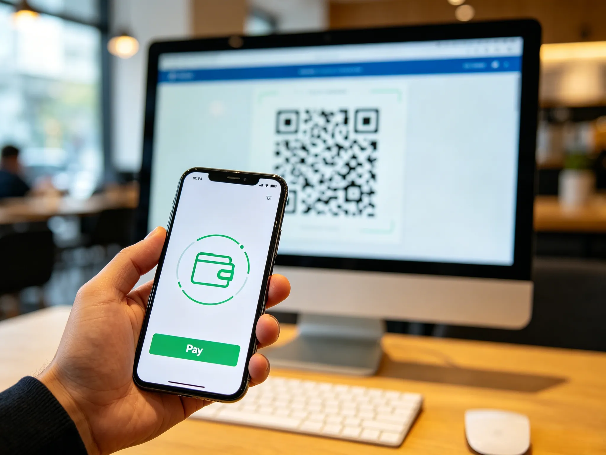 Customer scanning desktop QR code with smartphone