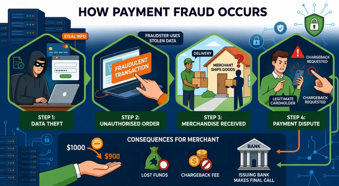 A step-by-step illustration of how payment fraud happens