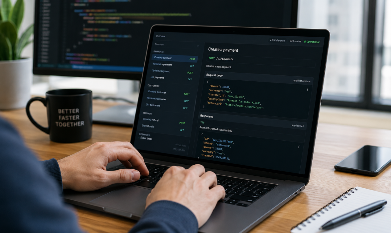 Developer typing payments API code on laptop