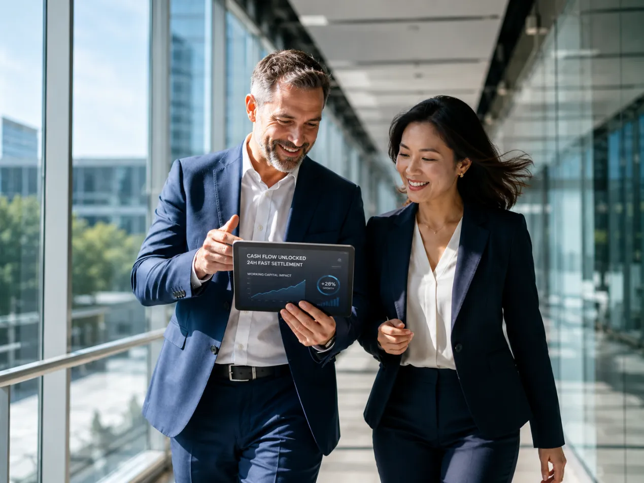 Business executives discussing fast cash flow growth
