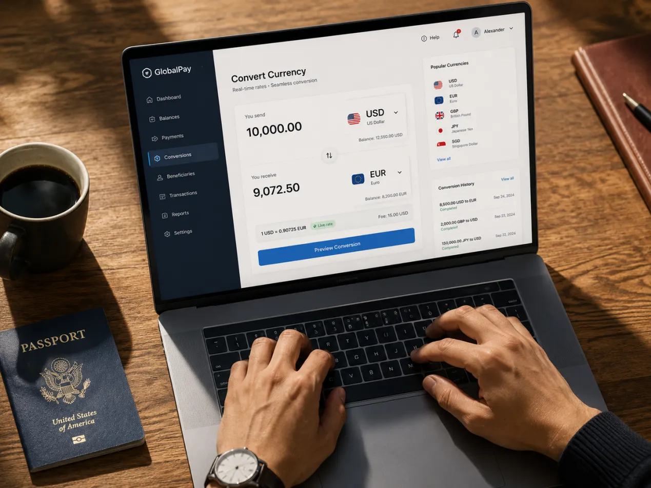Professional converting global currencies on a laptop