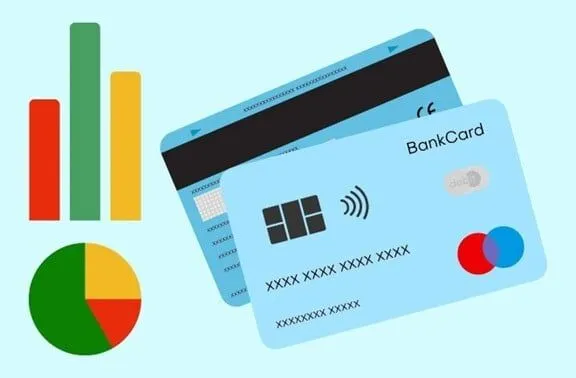 Two bank cards and colorful pie charts on the side