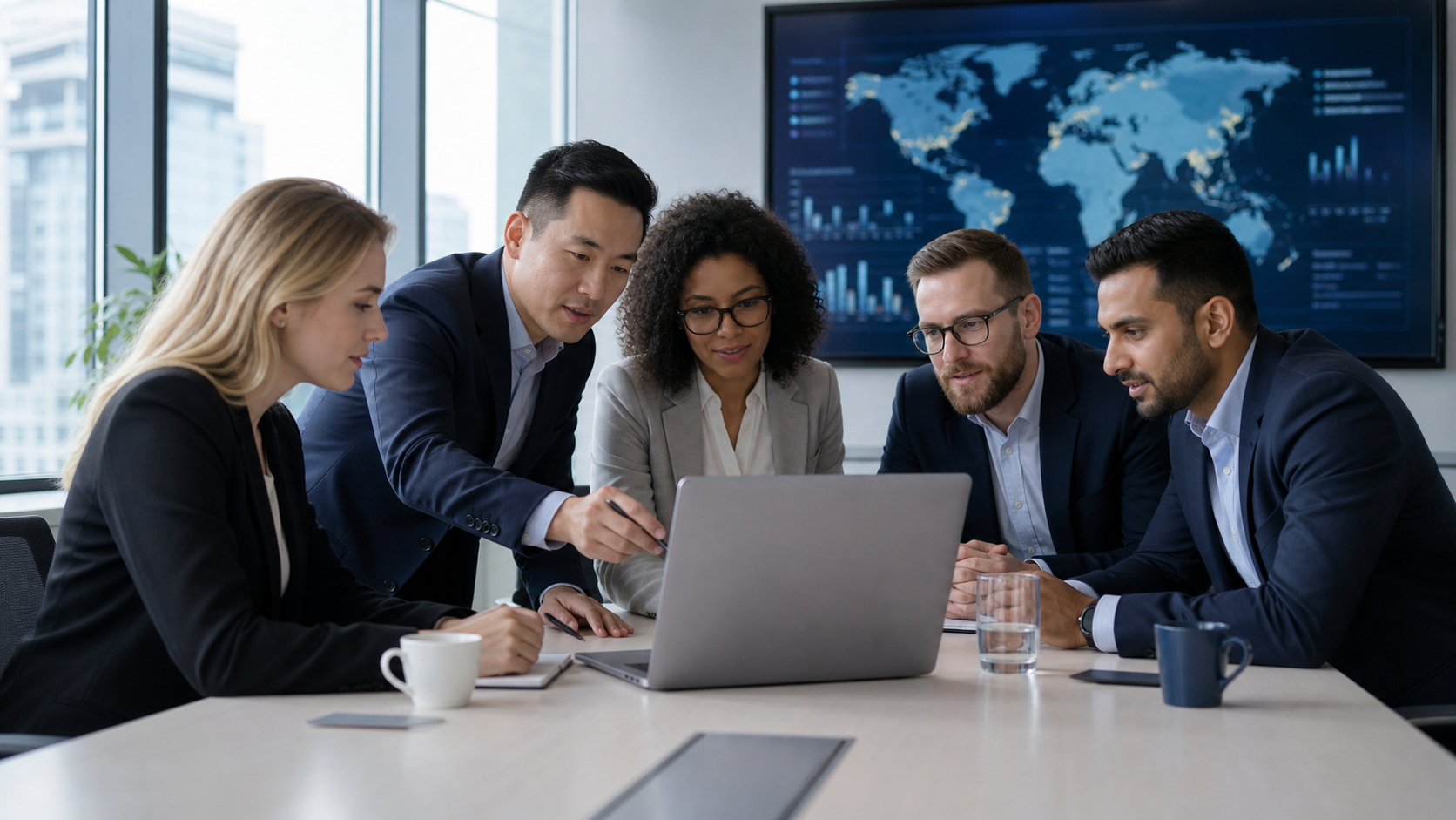 Enterprise team evaluating global payment service providers on a laptop with an international payments dashboard