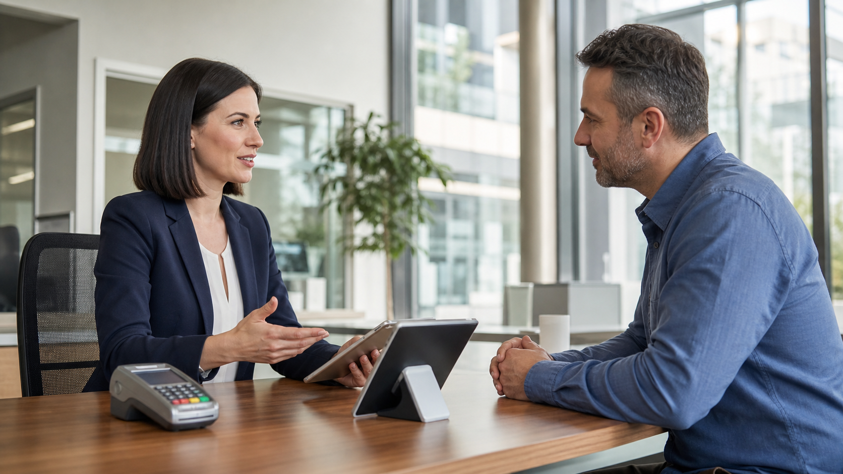 Bank payment specialist advising a small business owner on merchant payment services and card acceptance
