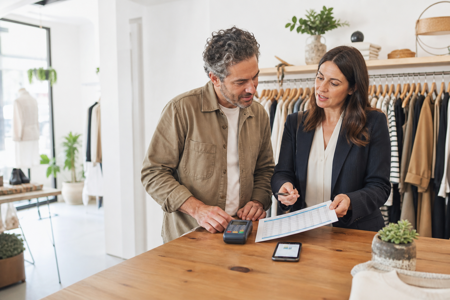 Retail business owner comparing a card terminal, payment app, and cost report with a payment consultant