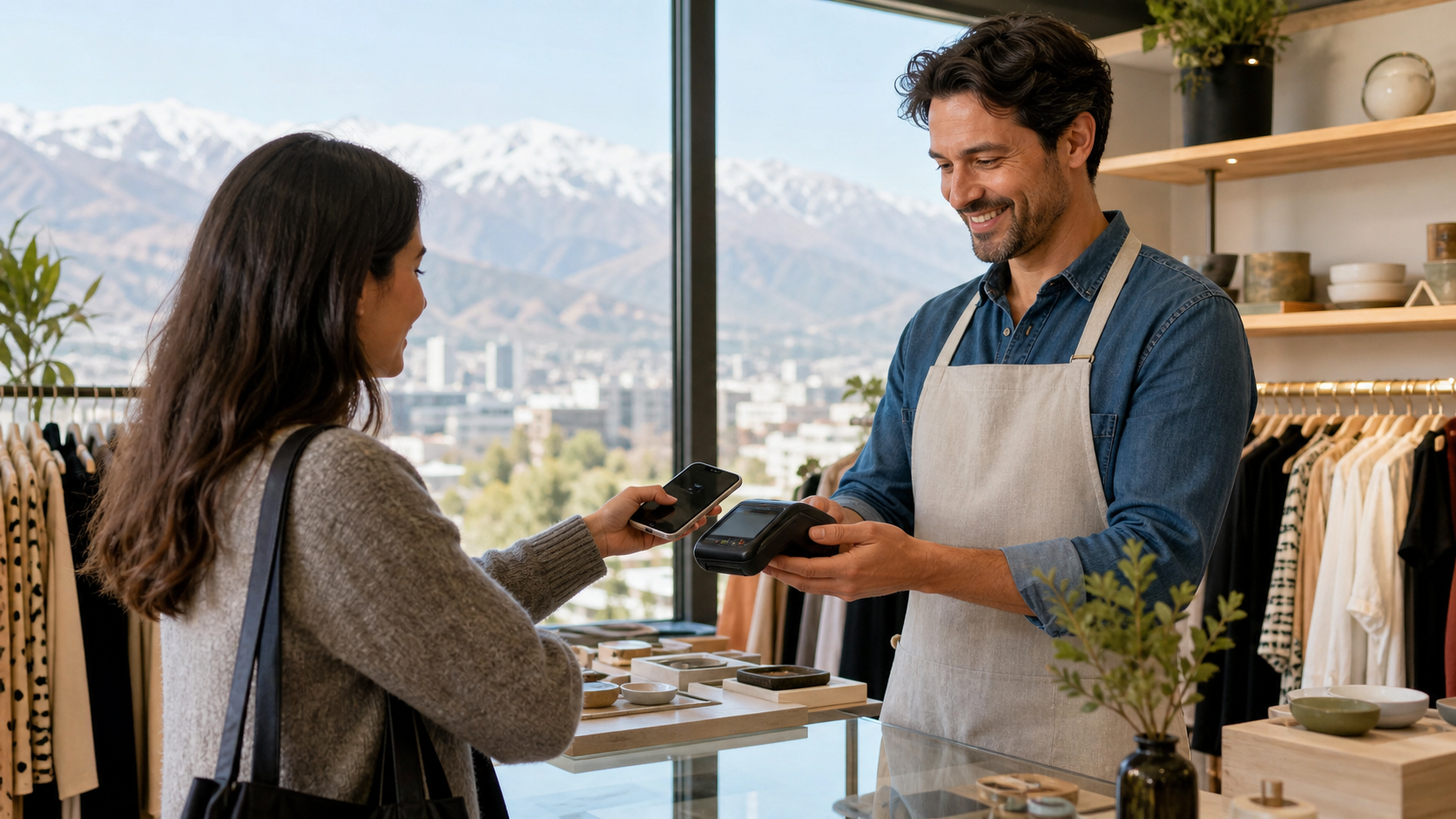 Customer making a mobile payment at a Chile boutique checkout with Andes mountains in the background