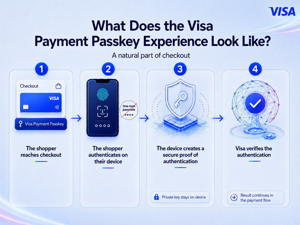 Visa-Payment-Passkey-Process:How Visa Payment Passkey works: shopper checkout,device authentication, secure cryptographic proof,and Visa verification.
