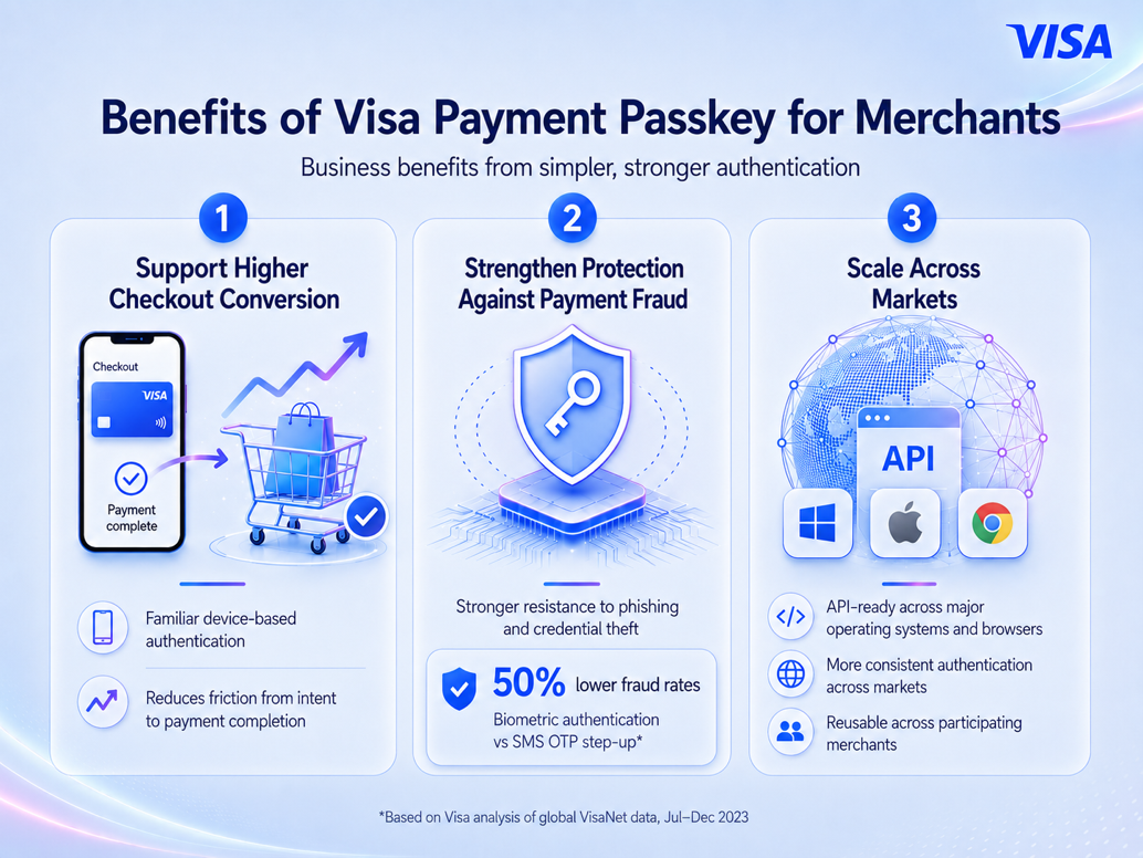 Visa-Payment-Passkey-Benefits:Visa Payment Passkey benefits for merchants: checkout conversion, payment fraud protection, and scalable authentication across markets.