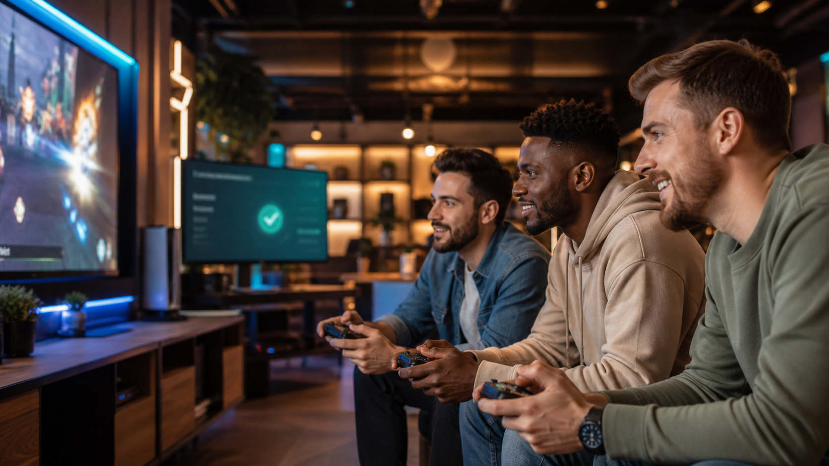 Adult gamers playing video games in an esports lounge with a secure online payment confirmation on screen Adult gamers playing video games in an esports lounge with a secure online payment confirmation on screen