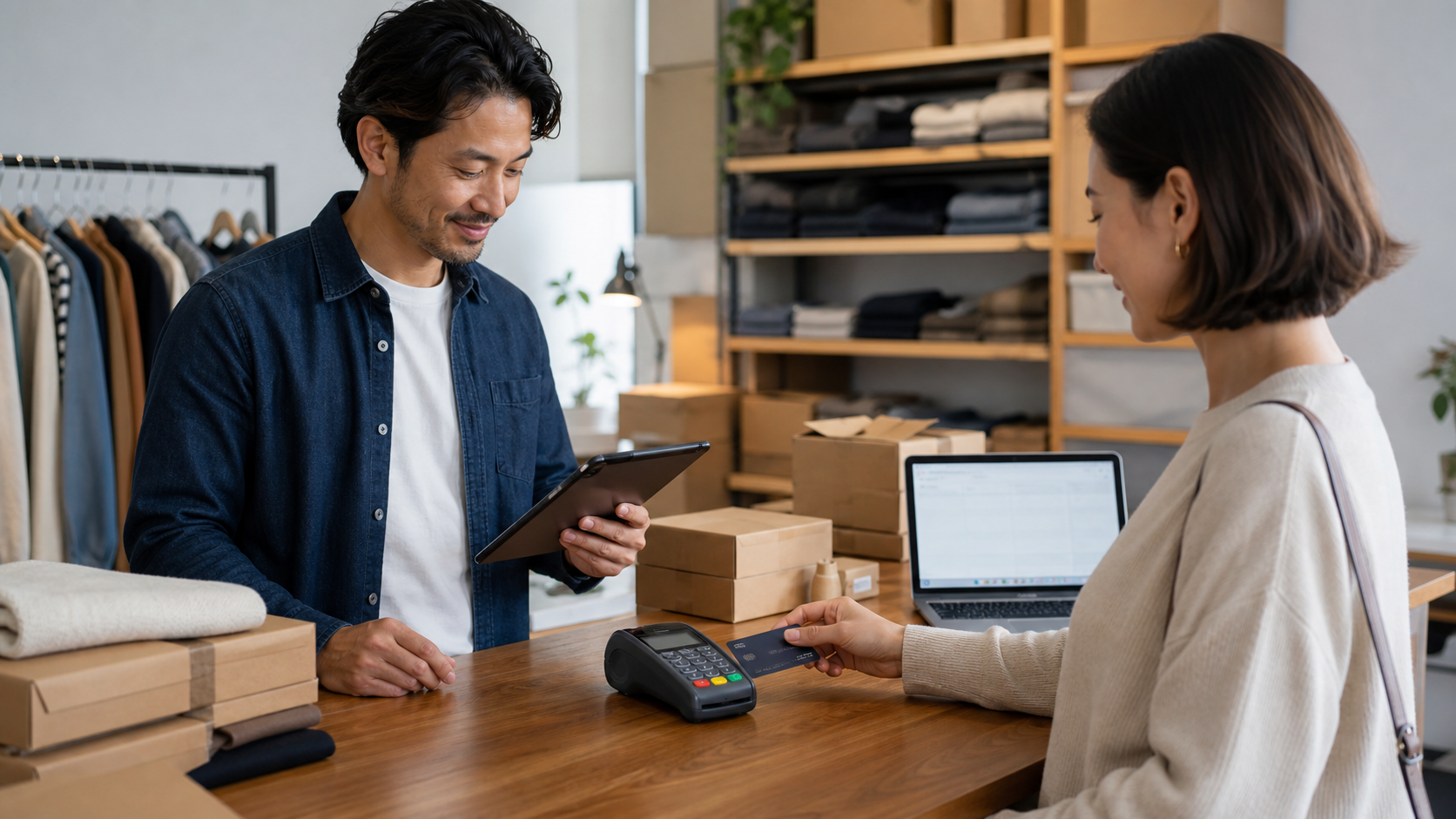 Merchant accepting a customer card payment while reviewing digital payment operations Merchant accepting a customer card payment while reviewing digital payment operations