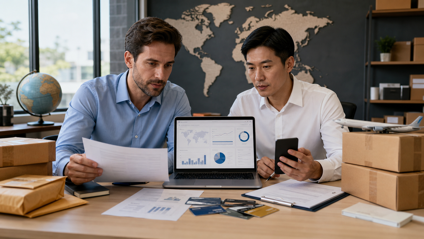 Finance managers reviewing international payment solutions for cross-border business operations Finance managers reviewing international payment solutions for cross-border business operations