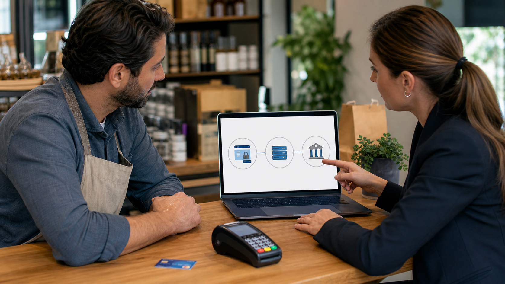 Store owner and payments advisor comparing payment service provider and acquirer roles Store owner and payments advisor comparing payment service provider and acquirer roles