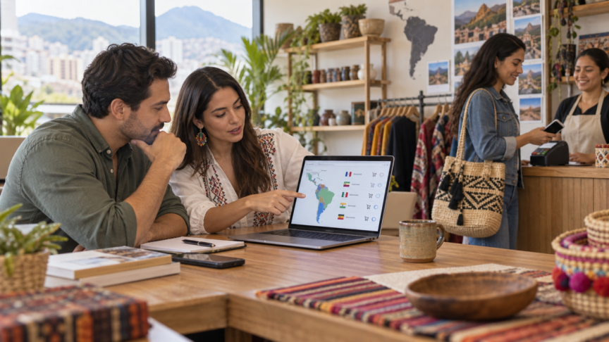 Latin American ecommerce merchant and global colleague compare localized checkout options while a customer makes a mobile payment Latin American ecommerce merchant and global colleague compare localized checkout options while a customer makes a mobile payment