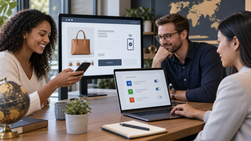 Ecommerce customer uses a smartphone wallet at checkout while merchant operations team reviews digital wallet acceptance options Ecommerce customer uses a smartphone wallet at checkout while merchant operations team reviews digital wallet acceptance options