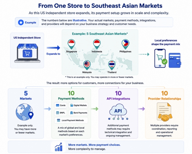 Diagram illustrating rising payment complexity when expanding business into Southeast Asia Diagram illustrating rising payment complexity when expanding business into Southeast Asia