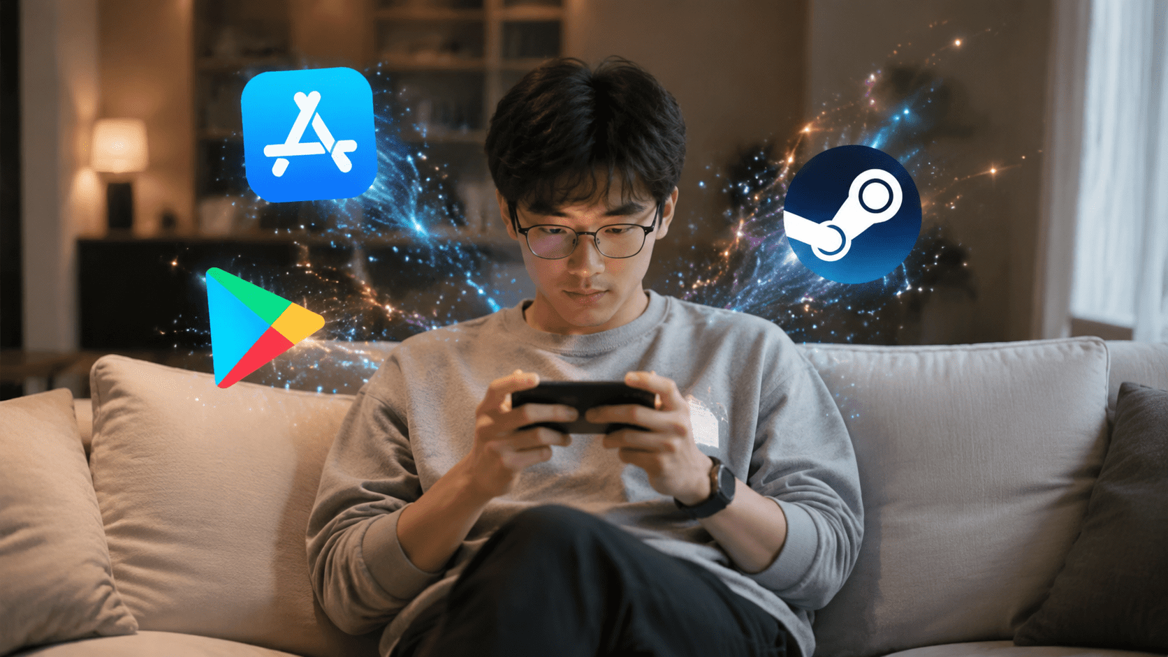 开发者坐在沙发上打游戏，链接App Store、GooglePlay、Steam等多个开发者平台