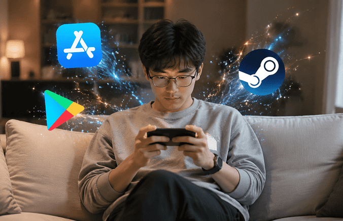 开发者坐在沙发上打游戏，链接App Store、GooglePlay、Steam等多个开发者平台