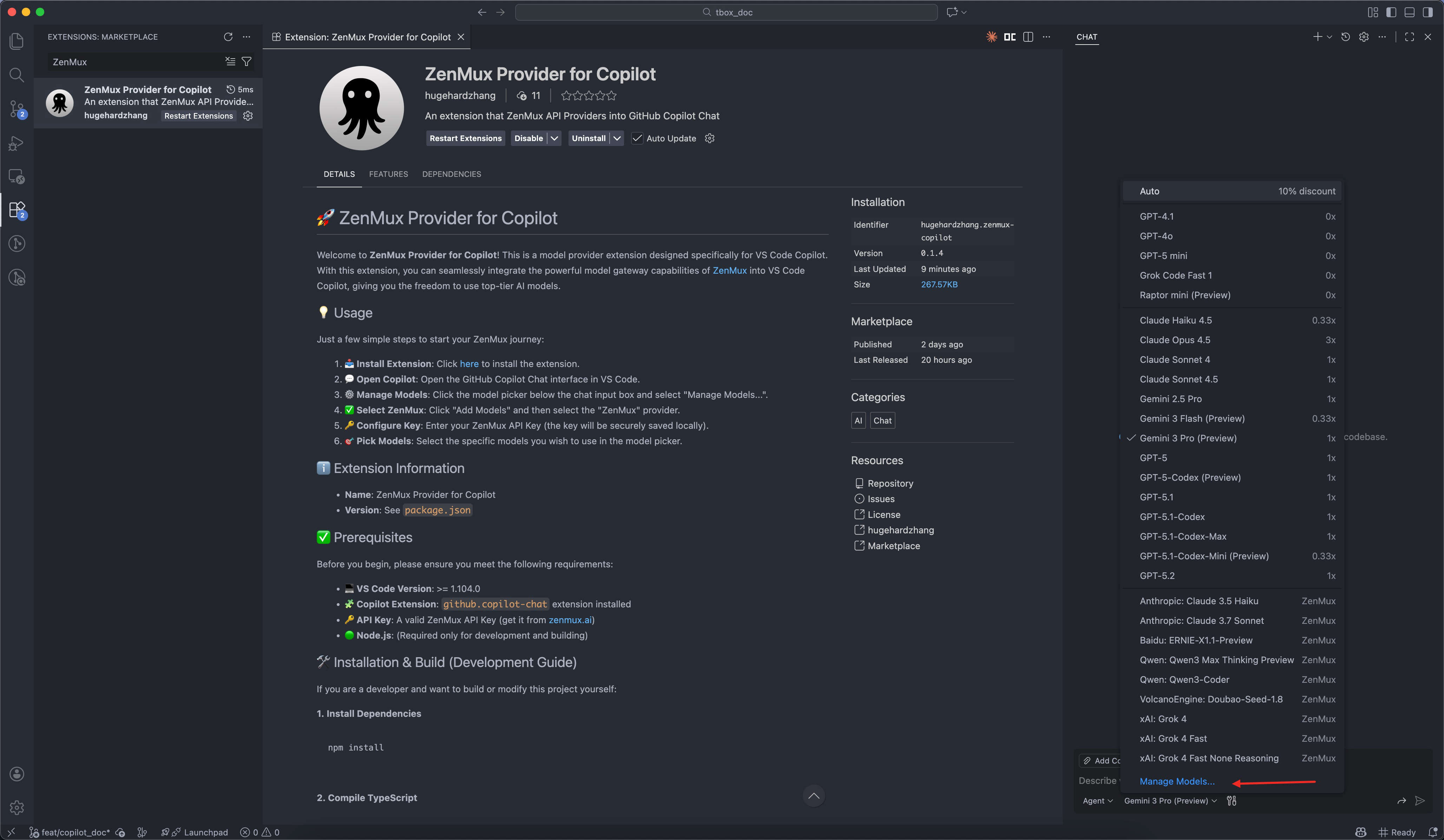 Open VS Code Copilot Chat Interface Select manage models