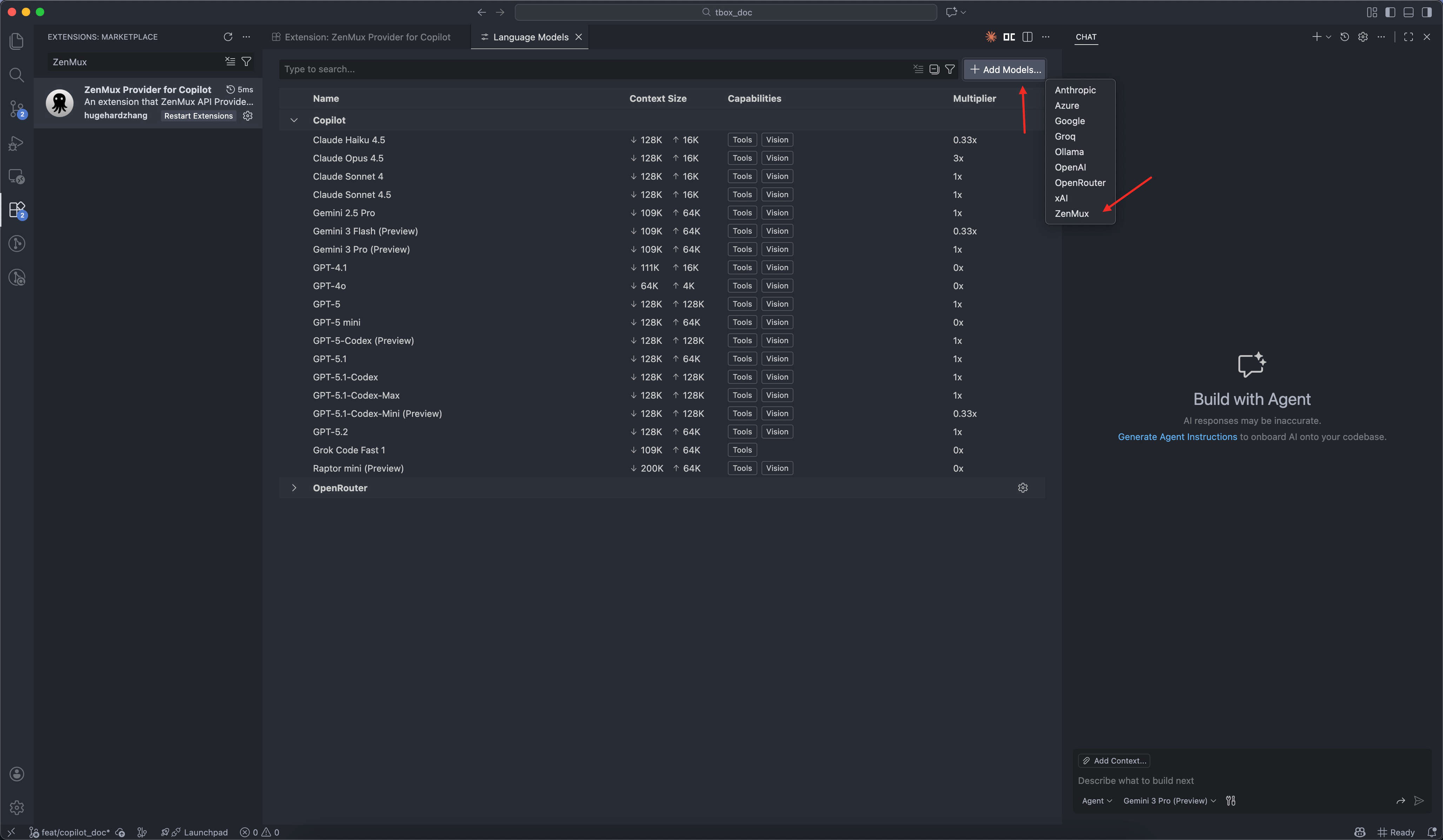 Manage models in Copilot Chat and add ZenMux provider