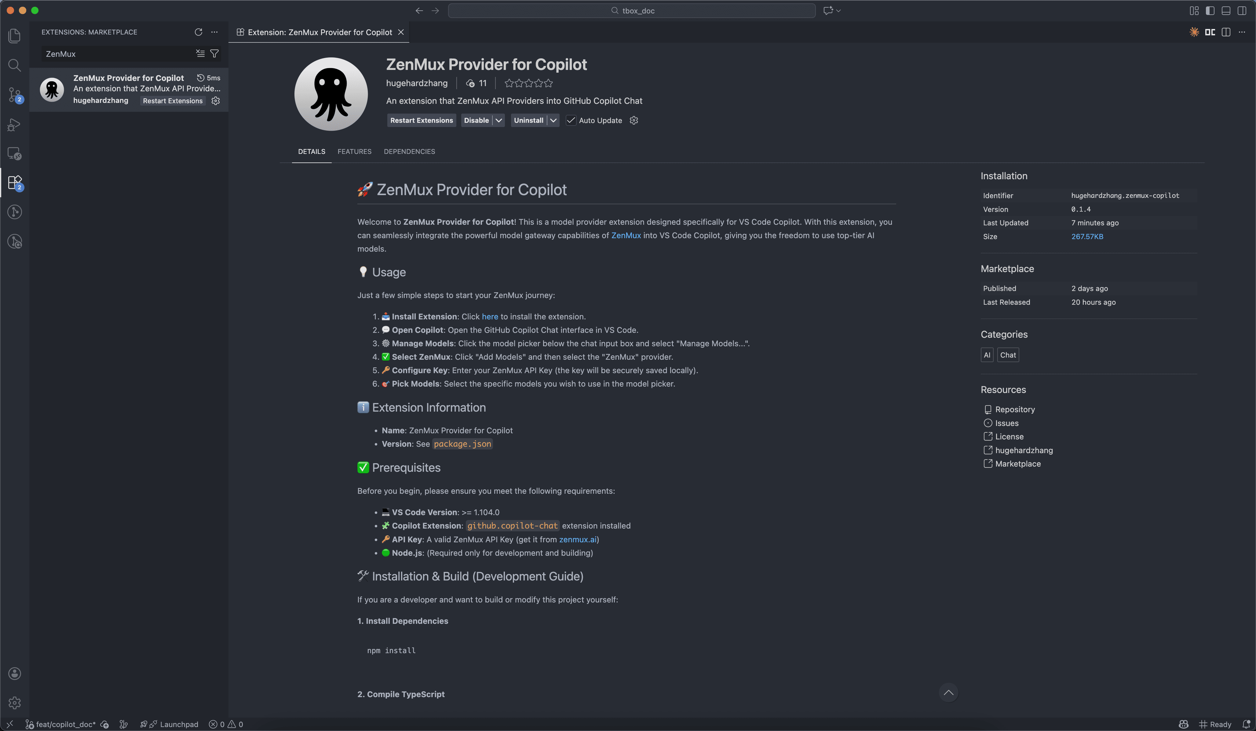 Search and install ZenMux Copilot extension in VS Code Marketplace