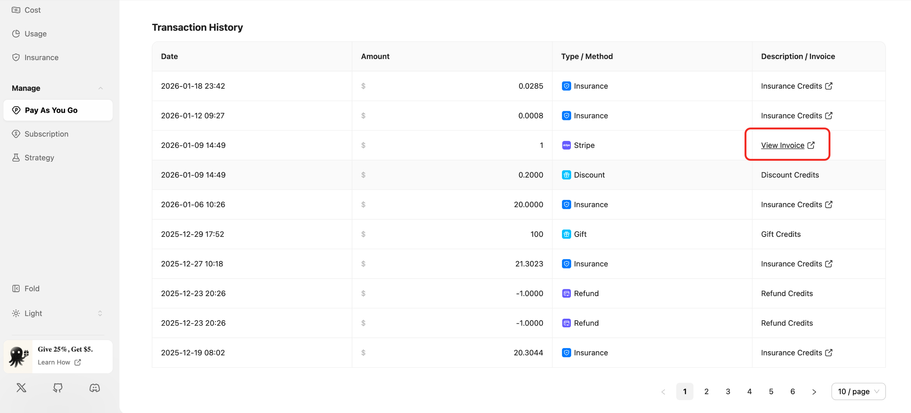 Pay As You Go transaction history