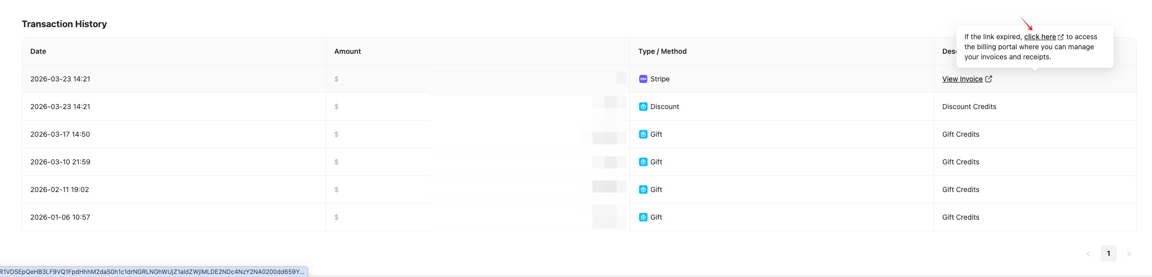 Transaction History 页面 - 点击 click here 进入账单门户