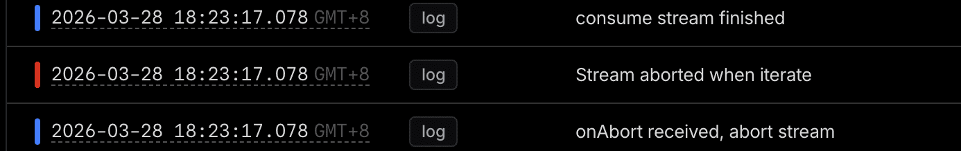 ZenMux logs: onAbort received → Stream aborted
