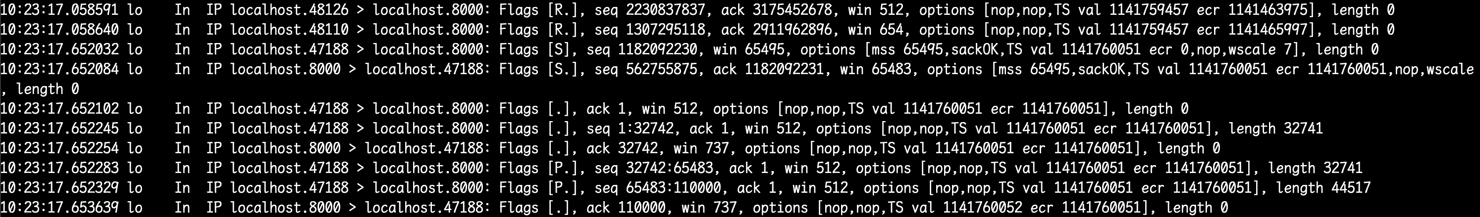 tcpdump capture: TCP RST packet visible