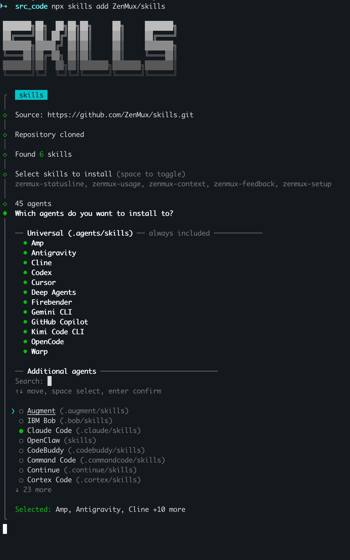 npx skills add ZenMux/skills 的交互式选择界面
