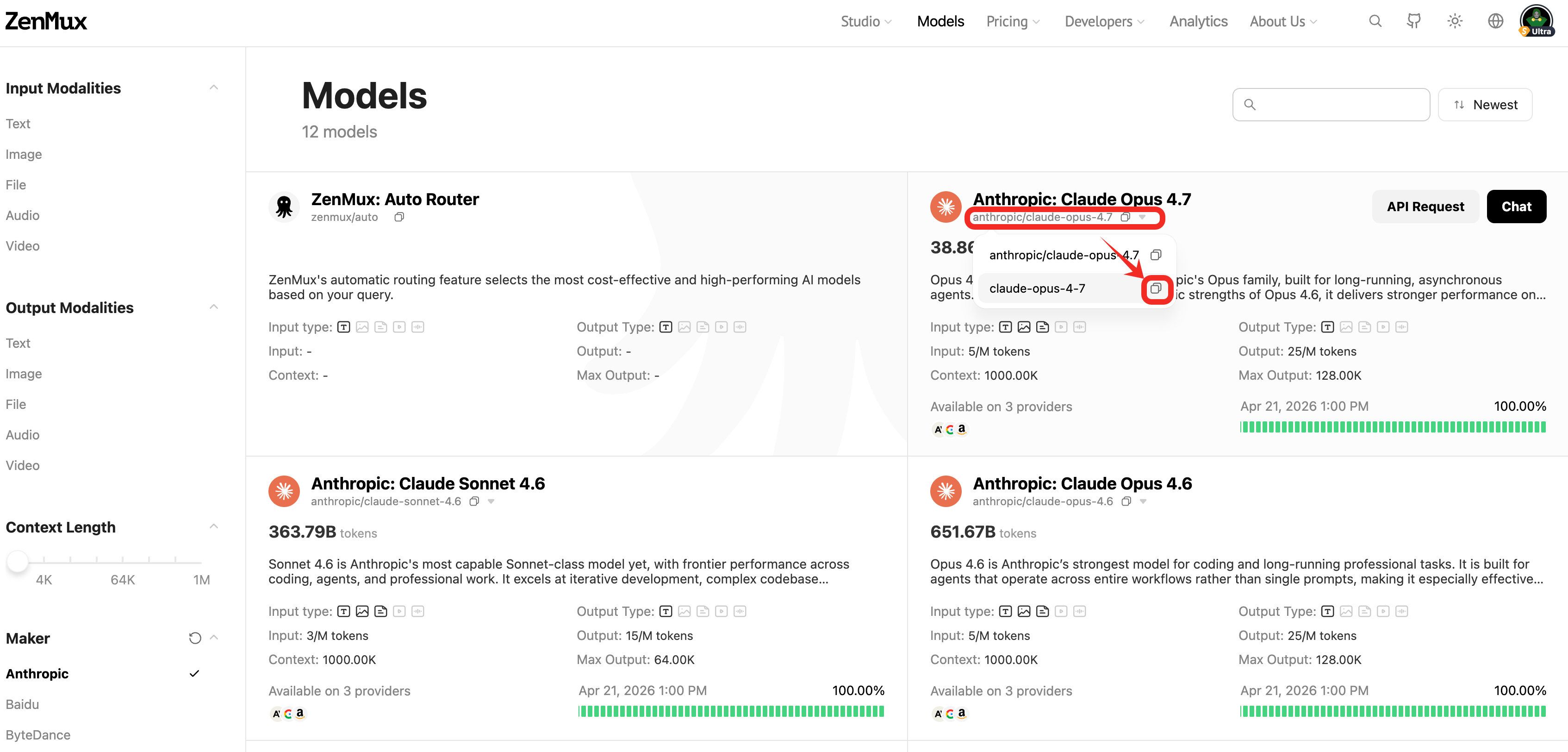 Model alias displayed on a ZenMux model detail page